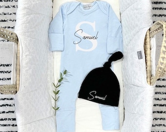 Baby Boy Coming Home Outfit, Newborn Baby Romper, Light Blue Romper With Fold over Hand Mitts & Feet, Mama Bijou