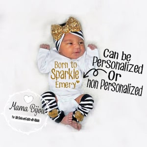 Personalized Newborn Girl Outfit: Gold Glitter Bodysuit, Leg Warmers & Headband