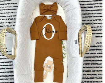Newborn Girl Coming Home Outfit, Baby Girl Gift Personalized, Rust Romper With Fold Over Hand Mitts & Feet Mama Bijou