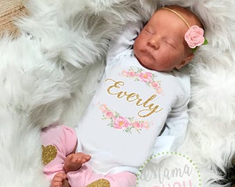 Baby Girl Newborn Girl Coming Home Outfit Personalized Take Home Outfit Floral Baby Clothes Personalized Baby Shower Gift Set Boho Baby Girl