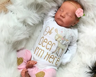 Baby Girl Clothes Boho, Newborn Girl Coming Home Outfit, Newborn Girl Gift, Take Home Outfit Girl, Boho Newborn Outfit Oh Deer I'm Here