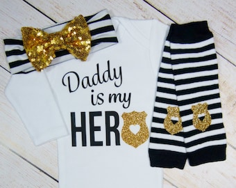 Police Baby Girl Gift Clothes Black Gold Stripe Headband Leg Warmers Gold Glitter Heart Newborn Take Home Outfit Daddy Is My Hero or Mommy