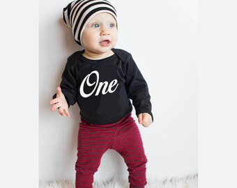 First Birthday Boy Outfit: "One" Bodysuit & Stripe Hat