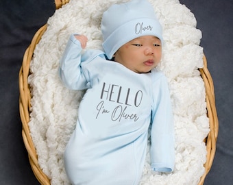 Personalized Newborn Boy Gown: Light Blue Coming Home Outfit