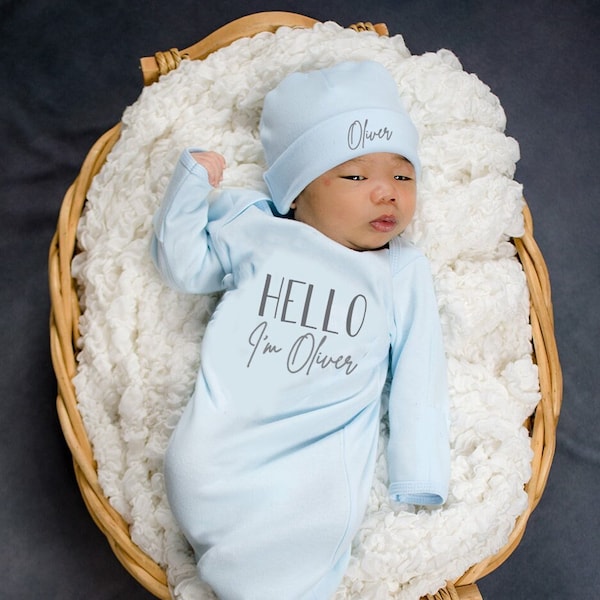 Hello I'm New Here Personalized Newborn Boy Coming Home Outfit, Baby Boy Gown Light Blue Charcoal Gray, New Baby Gift, Baby Shower Gift