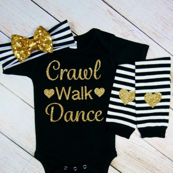 Baby Girl Gift, Trendy Baby Clothes, Baby Shower Gift, Dance Mom Gift, Crawl Walk Dance, Black Gold Baby, Custom Baby Clothes, Ballet Baby