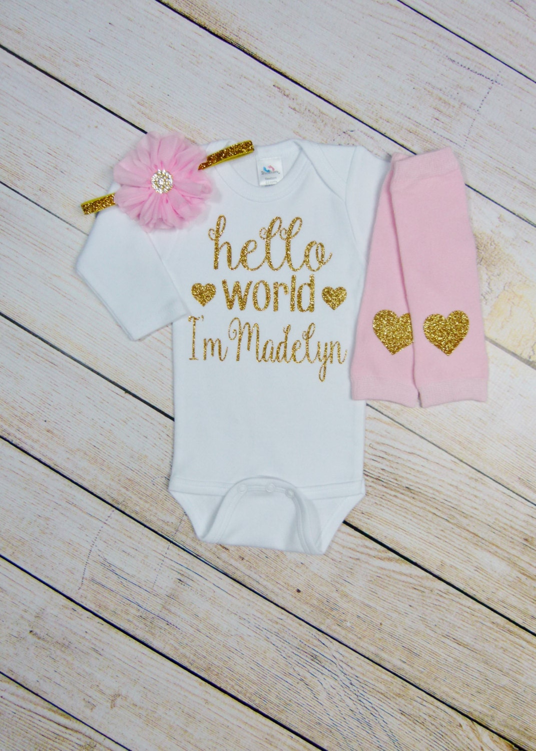 Personalized Newborn Girl Outfit Hello World Pink Gold Glitter Etsy