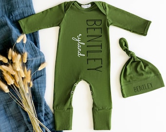 Olive Green Newborn Boy Coming Home Outfit Personalized, Modern Baby Clothes, Newborn Romper With Fold Over Mitts & Feet Baby Shower Gift