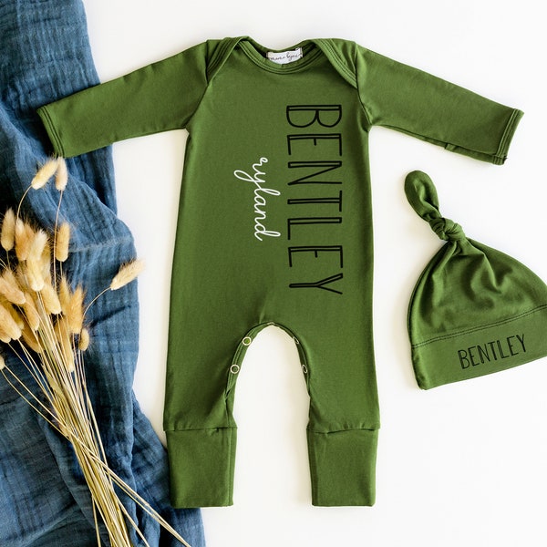 Olive Green Newborn Boy Coming Home Outfit Personalized, Modern Baby Clothes, Newborn Romper With Fold Over Mitts & Feet Baby Shower Gift