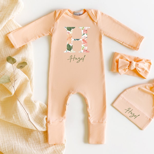 Peach Floral Coming Home Outfit Baby Girl, Baby Girl Personalized Gift, Monogram Initial Baby Romper W/ Fold Over Mitts & Feet - Mama Bijou