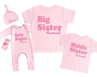Big Little Middle Baby Sister Shirts, Matching Sibling Family Shirts, Pink Sweatshirt, Tee Shirt or Romper Newborn Girl Coming Home Outfit