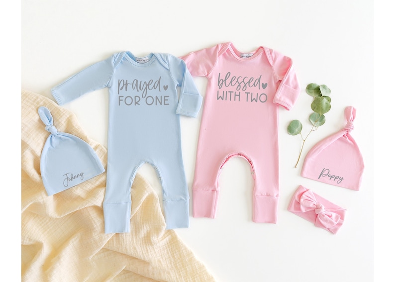 Prayed For One Blessed With Two: Twin Newborn Romper Outfits Perfect Twin Boy or Girls Coming Home Outfit or Baby Shower Gift image 1