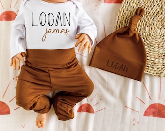 Personalized Newborn Boy Outfit: Rust Pants, Knotted Hat & Bodysuit
