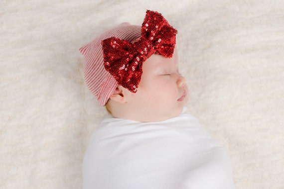 Red Newborn Hat Girl: Sequin Bow Baby Beanie