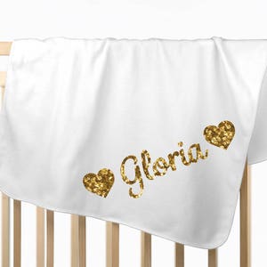Personalized Baby Girl Blanket: Gold Glitter Name, Hearts