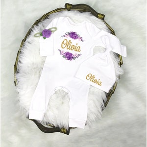 Personalized Newborn Girl Outfit: Lavender Floral Romper, Hat & Blanket