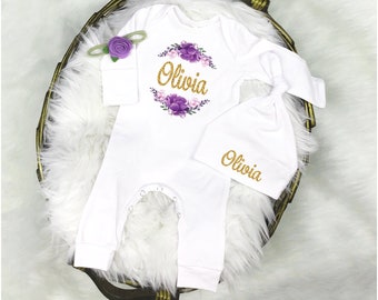 Personalized Newborn Girl Outfit: Lavender Floral Romper, Hat & Blanket