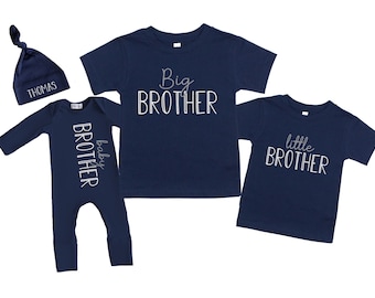 Big Little Brother Sibling Shirts, Matching Family Shirts, Navy Blue Shirt or Romper Newborn Coming Home Outfit - Youth, Toddler Baby Sizes