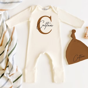 Personalized Newborn Boy Romper & Hat Set: Rust Initial, Cream Cotton