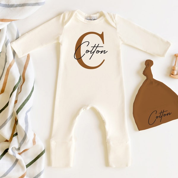 Newborn Boy Coming Home Outfit, Newborn Baby Romper, Modern Baby Rust Hat Cream Romper With Fold over Hand Mitts & Feet, Mama Bijou