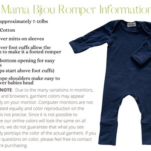 May include: A navy blue long-sleeved romper for babies. The romper has fold-over mitts on the sleeves and fold-over foot cuffs. The romper has a snap bottom opening for easy access. The romper is made of 100% cotton and is approximately 7-10 lbs.