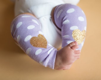 Baby Girl Leg Warmers Lavender White Dot Gold Glitter Heart Leggings Baby Girl Clothes Newborn or Baby Toddler Sizes