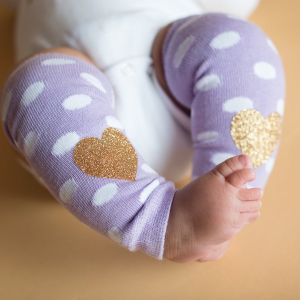 Baby Girl Leg Warmers Lavender White Dot Gold Glitter Heart Leggings Baby Girl Clothes Newborn or Baby Toddler Sizes