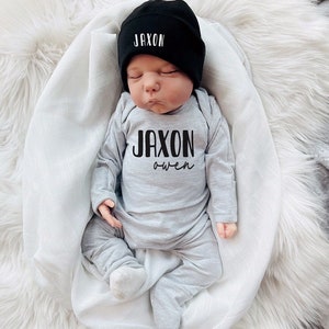 Personalized Newborn Boy Coming Home Outfit: Cotton Romper & Hat Set