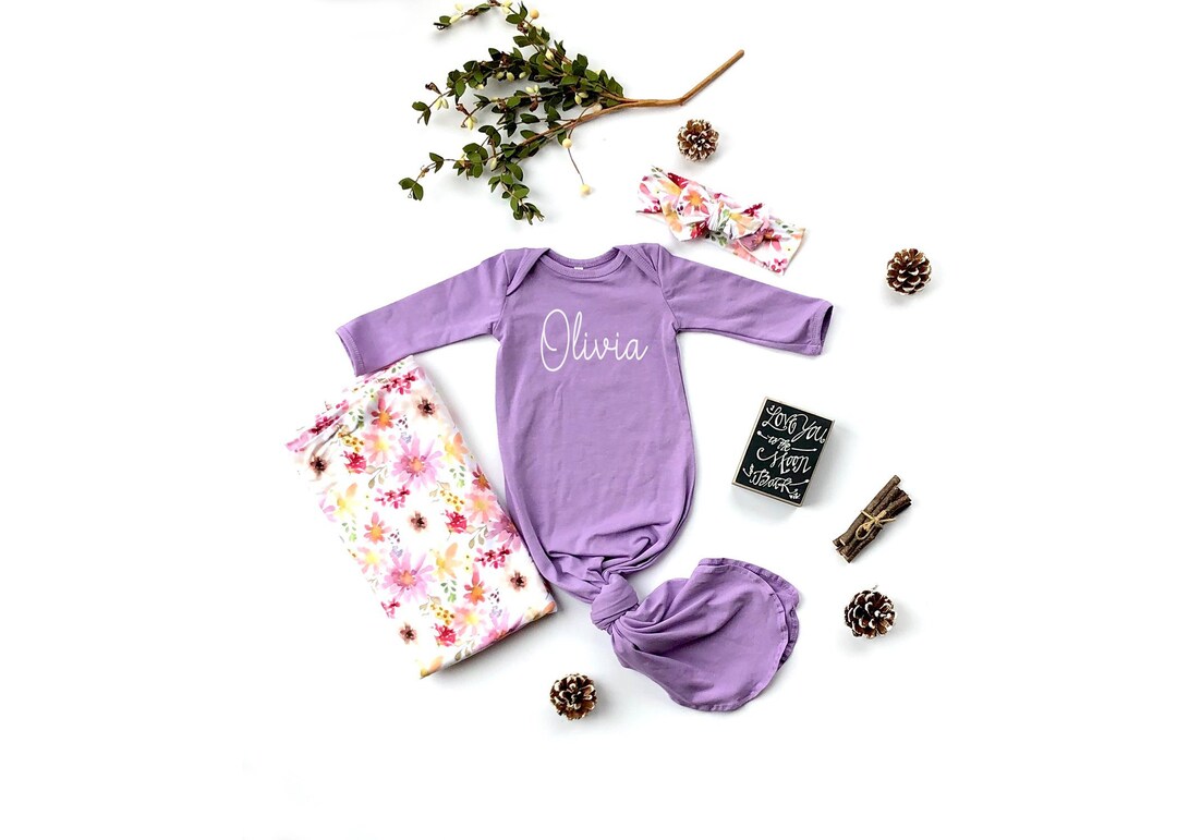Personalized Baby Girl Knotted Gown, Newborn Girl Coming Home Outfit