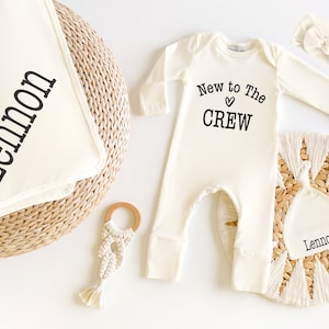 Personalized Newborn Romper Set: &quot;New to the Crew&quot; Cream Cotton Outfit