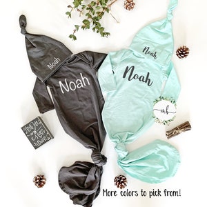 Personalized Baby Boy Knotted Gown and Hat Set: Cotton Newborn Outfit