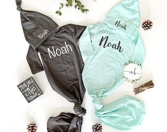 Personalized Baby Boy Knotted Gown and Hat Set: Cotton Newborn Outfit