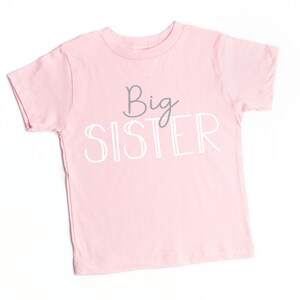May include: Pink short-sleeved t-shirt with the text "Big Sister" in white and gray lettering.