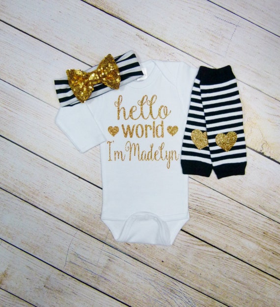 Personalized Hello World Newborn Outfit: Sparkle Baby Girl Clothes