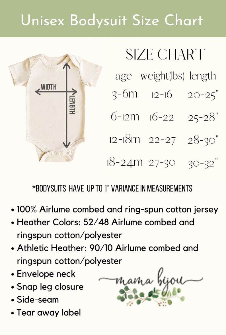 May include: Unisex bodysuit size chart with measurements in inches and pounds. The chart shows the age, weight, and length of the bodysuit. The bodysuit is made of 100% Airlume combed and ring-spun cotton jersey. Heather colors are 52/48 Airlume combed and ringspun cotton/polyester. Athletic Heather is 90/10 Airlume combed and ringspun cotton/polyester. The bodysuit has an envelope neck, snap leg closure, side-seam, and tear away label.