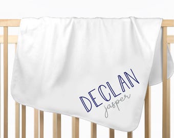 Personalized Newborn Baby Boy Blanket: White Navy and Gray Name Swaddle