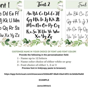 Może przedstawiać: Poказаны три шрифта с алфавитом в каждом стиле. Текст "Font 1", "Font 2" и "Font 3" находится в верхней части каждого столбца. Текст под каждым стилем шрифта гласит: "НАСТРОЙТЕ ИМЯ В ВАШЕМ ВЫБОРЕ ШРИФТА И ЦВЕТА ШРИФТА! Укажите следующее в поле персонализации: 1 - Имя до 12 букв 2 - Выбор цвета имени, белый или серый 3 - Выбор шрифта, 1, 2 или 3 Предварительный просмотр шрифта по ссылке (скопируйте и вставьте в браузер): https://app.fontvisual.com/showcases/163ded87-66a9-43a4-bf21-bc3eb6ef4a9d ПРИМЕР James/White/1"