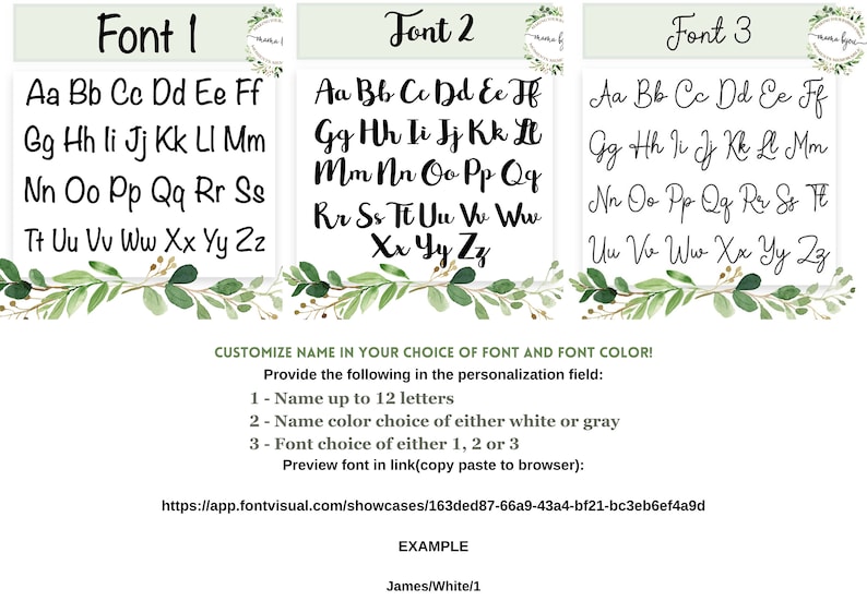 Może przedstawiać: Poказаны три шрифта с алфавитом в каждом стиле. Текст "Font 1", "Font 2" и "Font 3" находится в верхней части каждого столбца. Текст под каждым стилем шрифта гласит: "НАСТРОЙТЕ ИМЯ В ВАШЕМ ВЫБОРЕ ШРИФТА И ЦВЕТА ШРИФТА! Укажите следующее в поле персонализации: 1 - Имя до 12 букв 2 - Выбор цвета имени, белый или серый 3 - Выбор шрифта, 1, 2 или 3 Предварительный просмотр шрифта по ссылке (скопируйте и вставьте в браузер): https://app.fontvisual.com/showcases/163ded87-66a9-43a4-bf21-bc3eb6ef4a9d ПРИМЕР James/White/1"