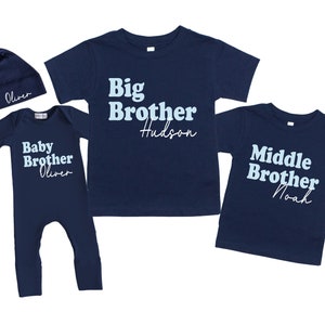 Big Little Middle Baby Brother Shirts, Matching Sibling Family Shirts, Navy Blue Sweatshirt, Tee Shirt or Romper Newborn Coming Home Outfit