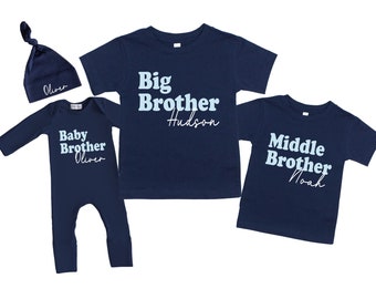 Big Little Middle Baby Brother Shirts, Matching Sibling Family Shirts, Navy Blue Sweatshirt, Tee Shirt or Romper Newborn Coming Home Outfit