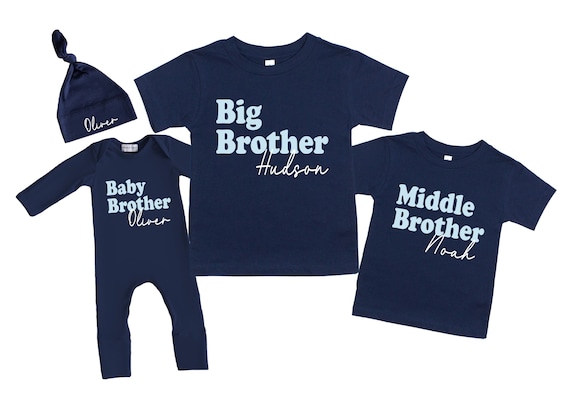 Big Little Middle Baby Brother Shirts, Matching Sibling Family Shirts, Navy Blue Sweatshirt, Tee Shirt or Romper Newborn Coming Home Outfit