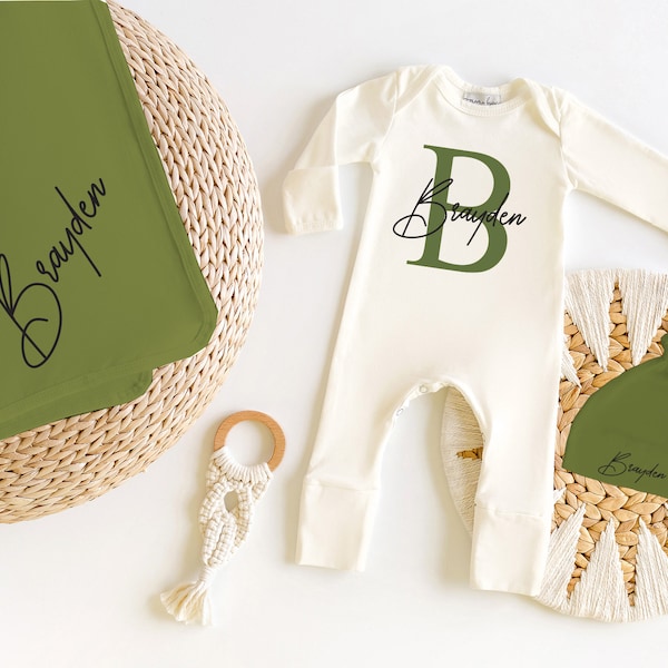Gender Neutral Newborn Coming Home Outfit, Baby Shower Gift, Modern Personalized Newborn Baby Romper With Fold over Hand Mitts & Feet,