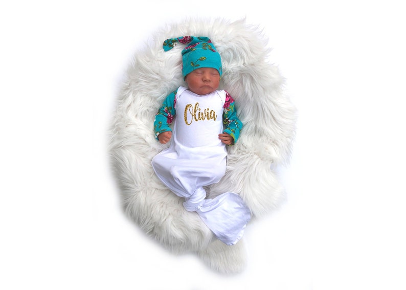 Personalized Newborn Girl Coming Home Outfit Baby Girl Clothes Baby Shower Gift Turquoise Pink Floral Knotted Gown Girl Take Home Clothing