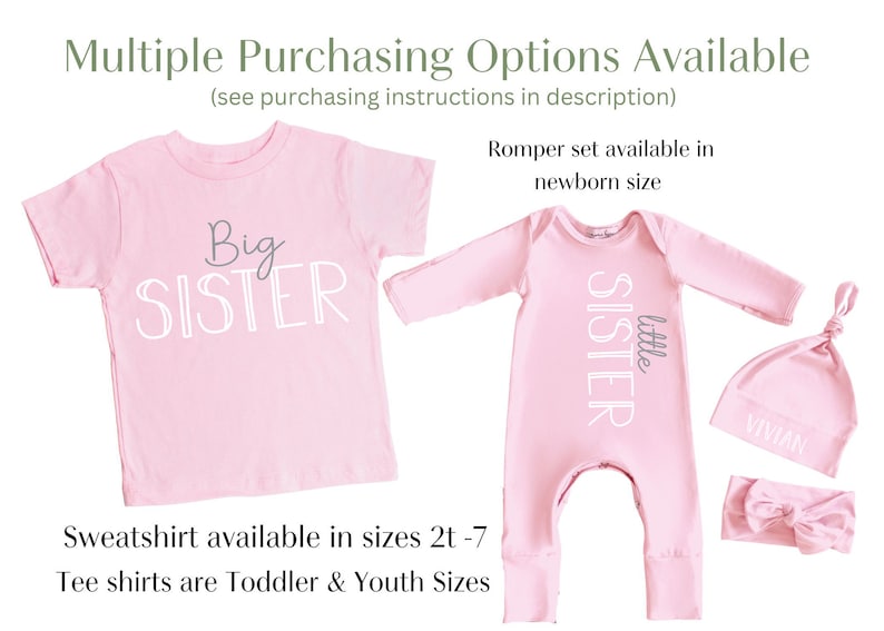 May include: Pink 'Big Sister' and 'Little Sister' shirts for siblings. The 'Big Sister' shirt is a long-sleeved tee, and the 'Little Sister' shirt is a romper with a matching hat and headband.