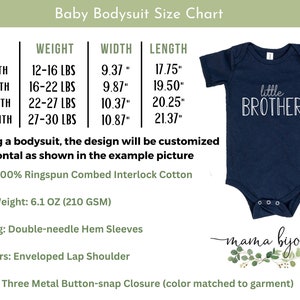 May include: Navy blue baby bodysuit with the text "little BROTHER" in white. The image includes a size chart with measurements in inches and weight in pounds for different baby sizes. The bodysuit is made of 100% Ringspun Combed Interlock Cotton.