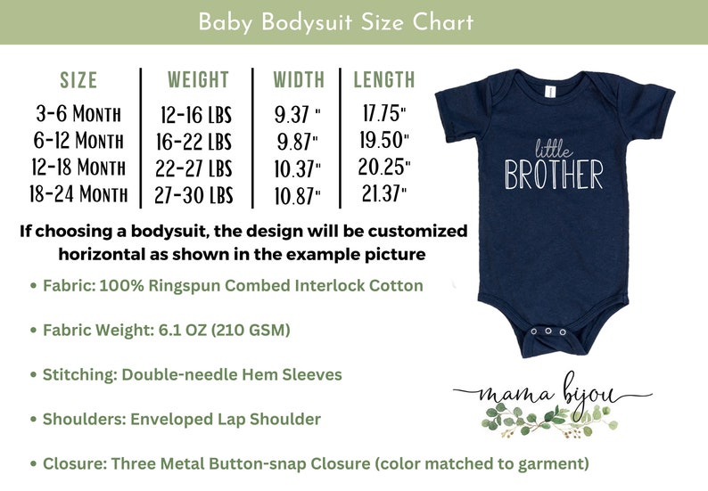May include: Navy blue baby bodysuit with the text "little BROTHER" in white. The image includes a size chart with measurements in inches and weight in pounds for different baby sizes. The bodysuit is made of 100% Ringspun Combed Interlock Cotton.