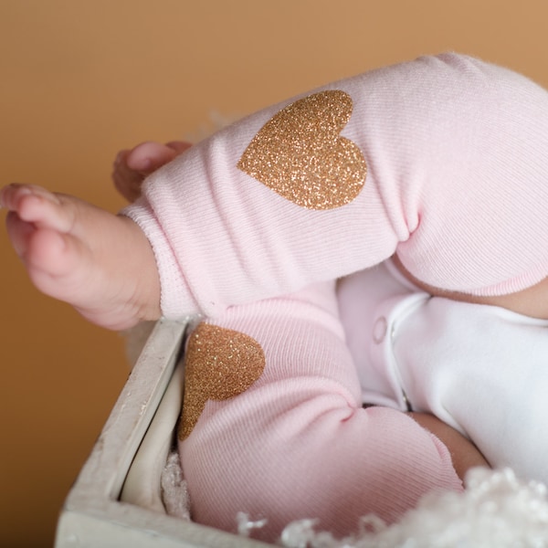 Newborn Girl Leg Warmers, Baby Girl Clothes, Baby Girl Leg Warmers, Toddler Leg Warmers, Photo Prop, Pink Gold, Gold Glitter Hearts