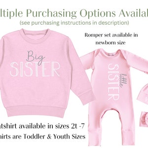 May include: Pink sweatshirt with the text "Big Sister" in white. Pink romper with the text "little Sister" in white. Pink headband and hat with the name "Vivian" in grey.