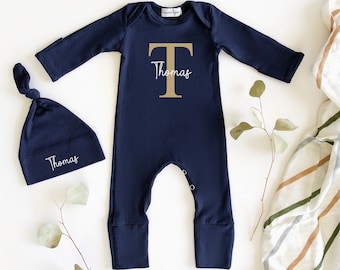 Personalized Newborn Boy Romper Set: Navy Cotton Coming Home Outfit