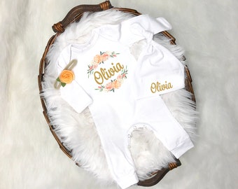 Mono floral personalizado para bebé niña: atuendo para recién nacida que regresa a casa